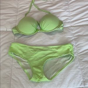 Lime green stripe Aerie bathing suit set
